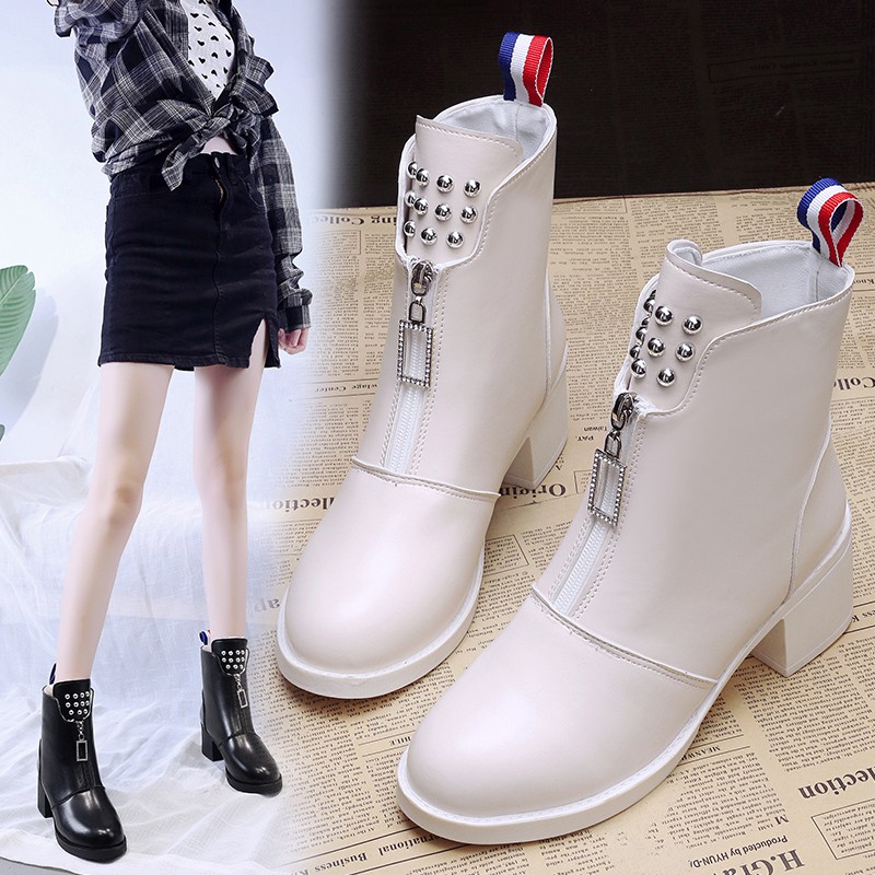 Giày bốt Martin phong cách Anh quốc cổ cao 6cm đính đá Dây kéo phía trước | BigBuy360 - bigbuy360.vn