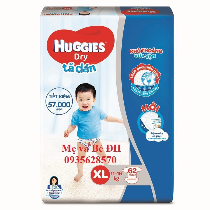 Tã dán Huggies Dry M76-L68-XL62-XXL56 (Size M - L - XL - XXL)