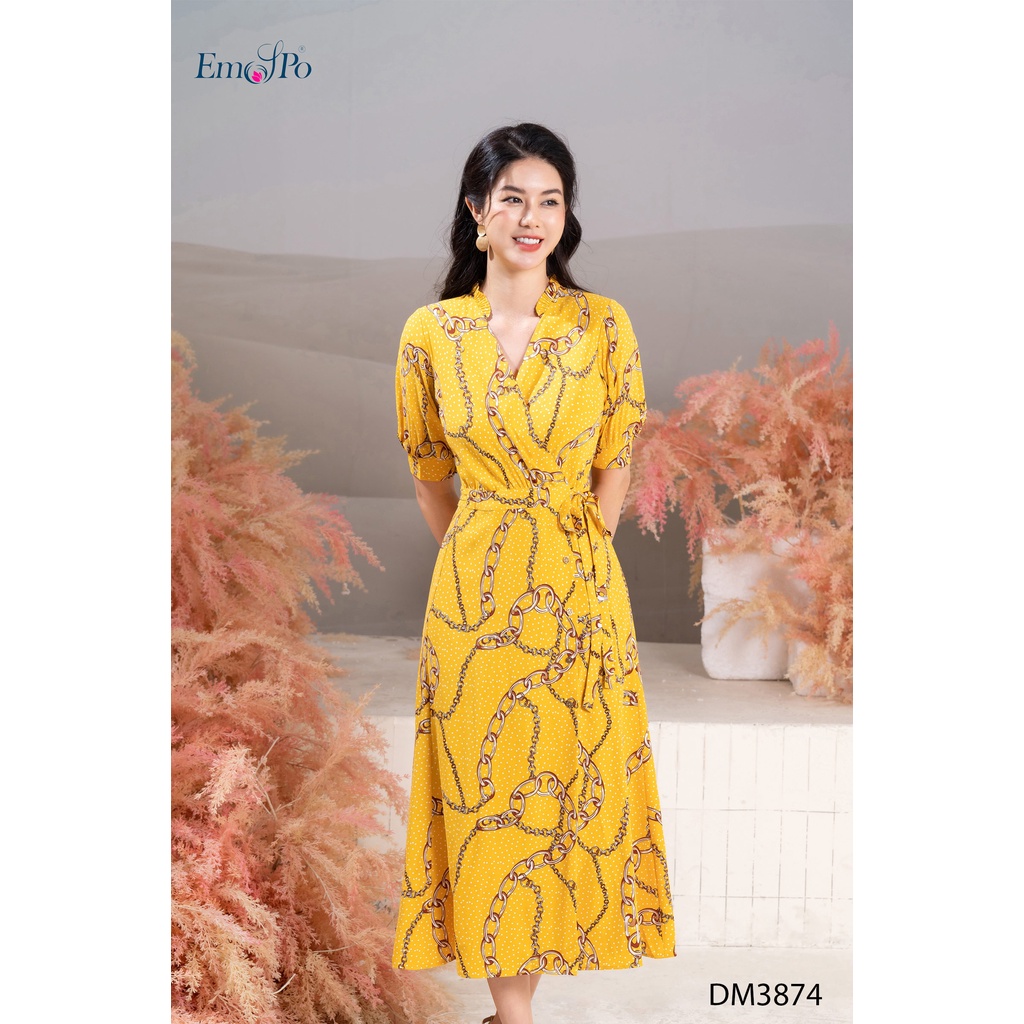Đầm xòe họa tiết, thắt đai eo, tay bồng phối chun Emspo DM3874 (Tím than, Vàng)