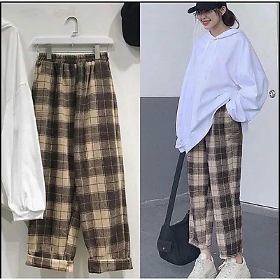 Quần Kẻ Caro Nữ Ống Rộng Phong Cách Năng Động Chất Kate Mềm Kèm Ảnh Thật KSS45
