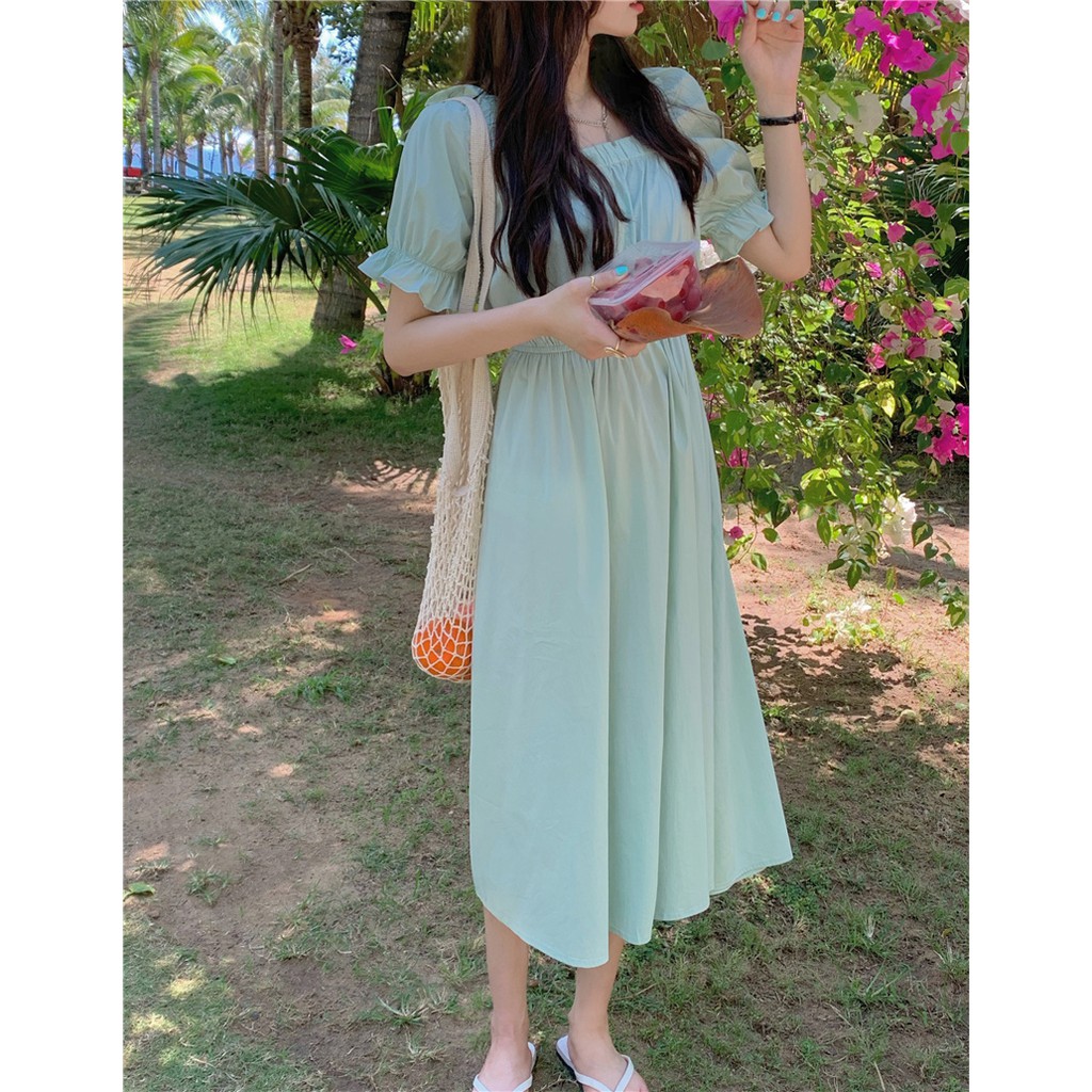 Xiaozhainv Đầm Maxi Tay Ngắn Màu Trơn Thiết Kế Đơn Giản Thời Trang Hàn Quốc Cho Nữ