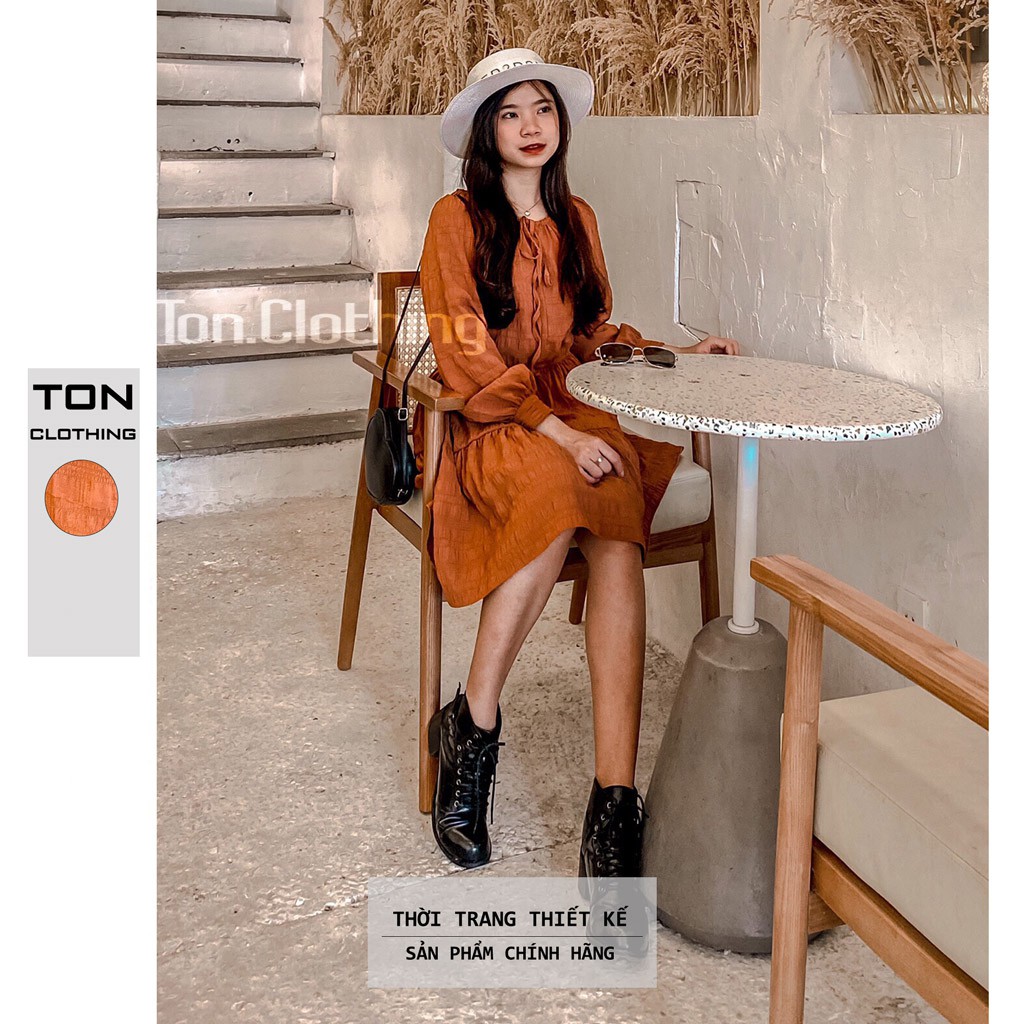 Đầm nữ phong cách Vintage Ton.Clothing đầm xòe vải xô nhún thiết kế tay dài BABI001