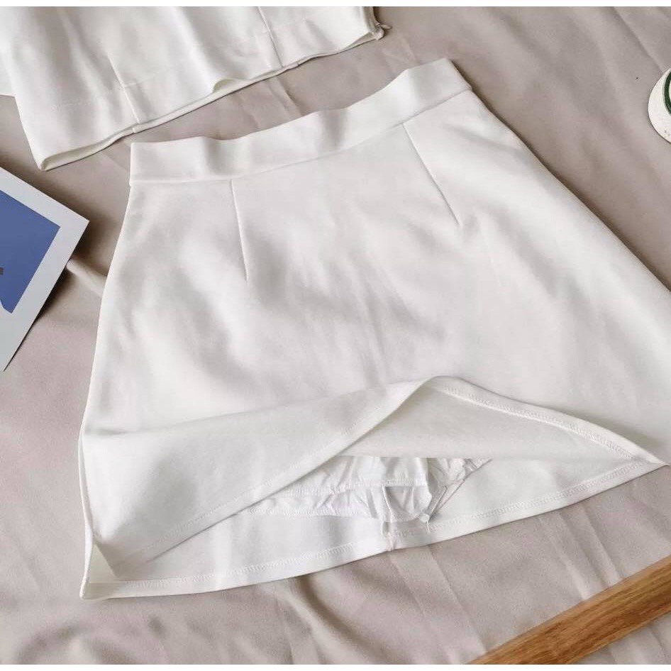 Set bộ váy áo croptop + chân váy có quần trong (Thun borip co giãn)