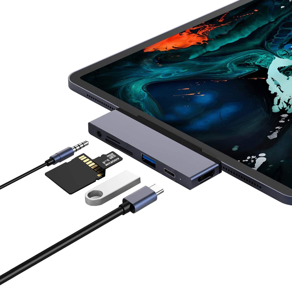 Bộ chuyển đổi USB C cho iPad Pro 11 2020 iPad Pro 12.9 2019 iPad Pro 2018 Bộ chuyển đổi 6 trong 1 với sạc USB C PD, 4K HDMI, USB 3.0, Jack tai nghe 3,5 mm, SD, Micro SD - Tương thích với iPad Pro 2020 2019 2018