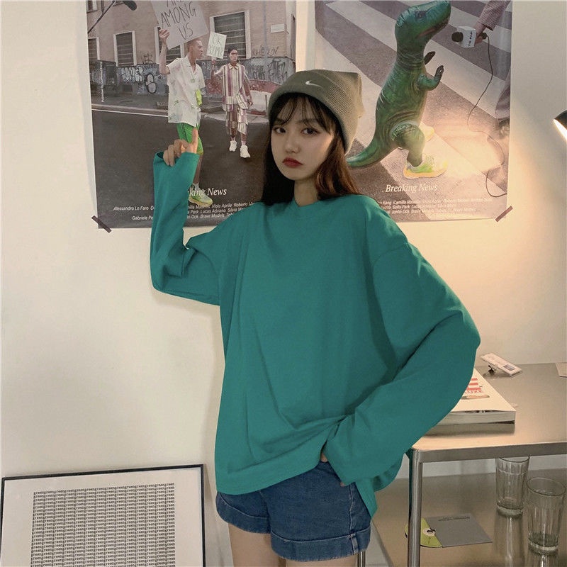 Áo Thun Cotton Tay Dài Dáng Rộng Màu Trơn Phong Cách Hàn Quốc Thời Trang Mới 2022 Cho Nữ Size S-7xl