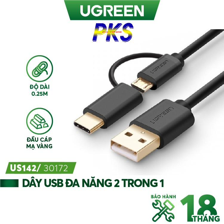 Dây USB đa năng 2 trong 1 đầu ra Micro-USB và USB Type-C UGREEN US142 30172 - Hàng Chính Hãng