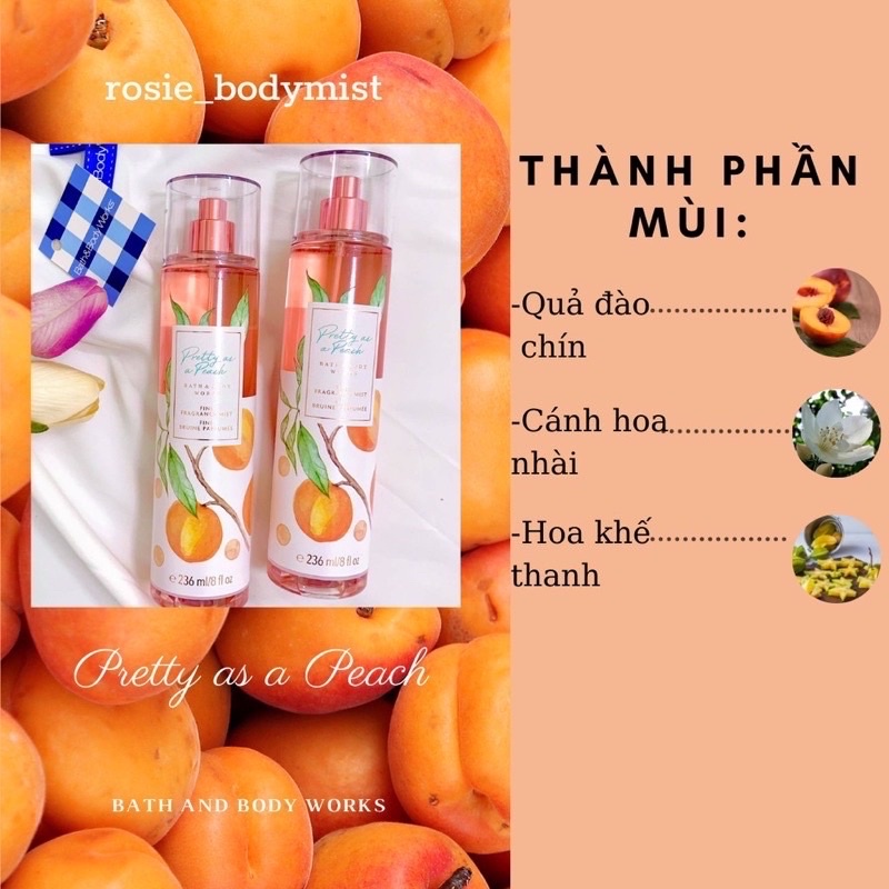 Pretty As A Peach - Xịt thơm toàn thân body mist Bath & Body Works Trái cây