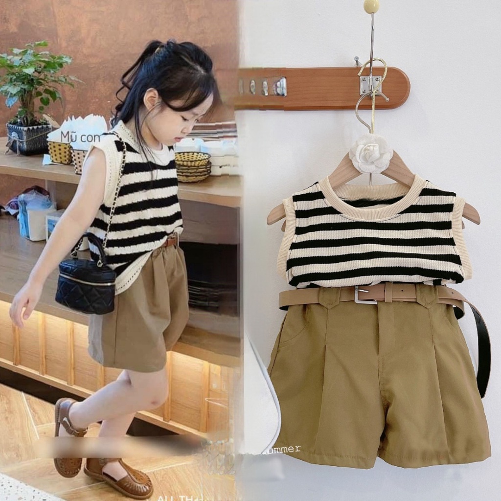 Đồ bộ quần áo bé gái TB111 TN112 Bộ bé gái áo kẻ phối quần nâu TẶNG KÈM THẮT LƯNG