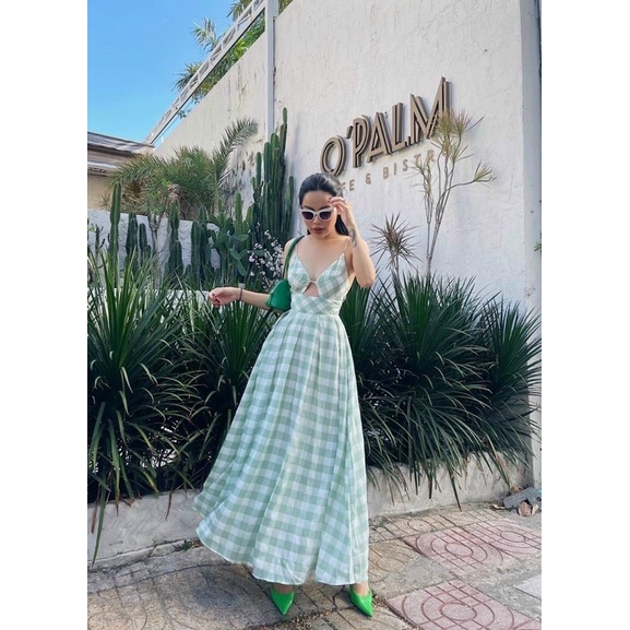 Đầm maxi caro kate xoè 2 dây khoét ngực hở lưng nơ Xanh Đỏ Đầm váy đi chơi dạo phố du lịch đi biển sexy hotgirl tk