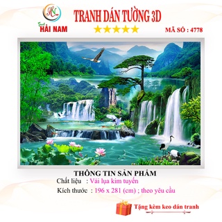 Tranh dán tường 3D thác nước - sơn thủy hữu tình - Vải lụa kim tuyến - kích thước theo yêu cầu