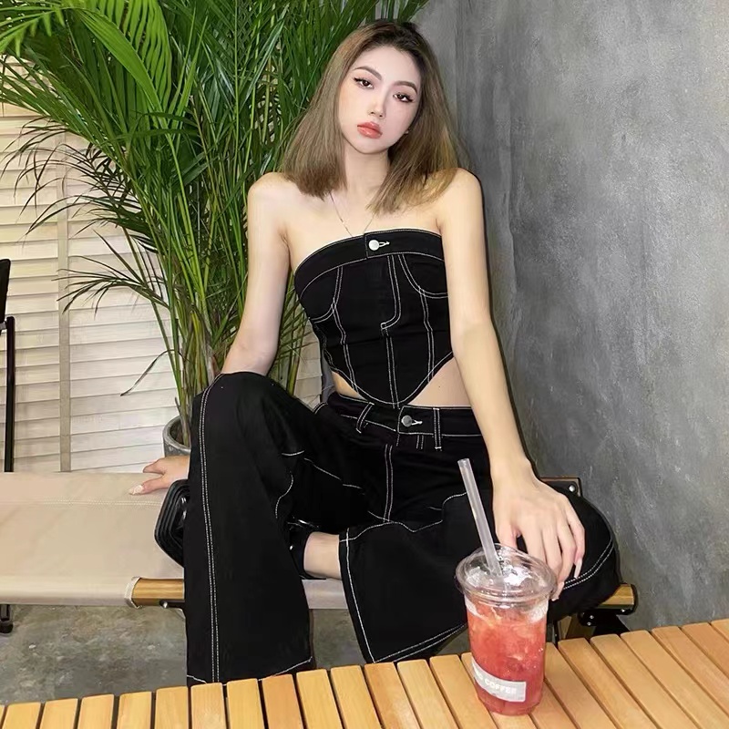 Bộ Áo Ống Màu Trơn + Quần Dài Ống Rộng Lưng Cao Thời Trang Cho Nữ