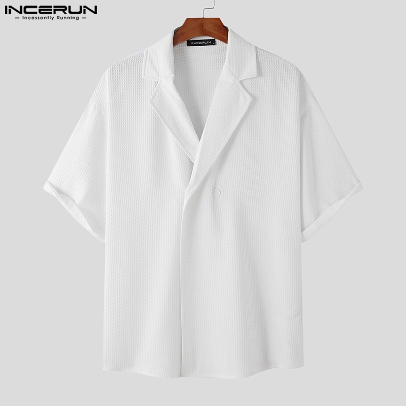 Áo sơ mi INCERUN ngắn tay dáng rộng phối nút phong cách hippie cho nam