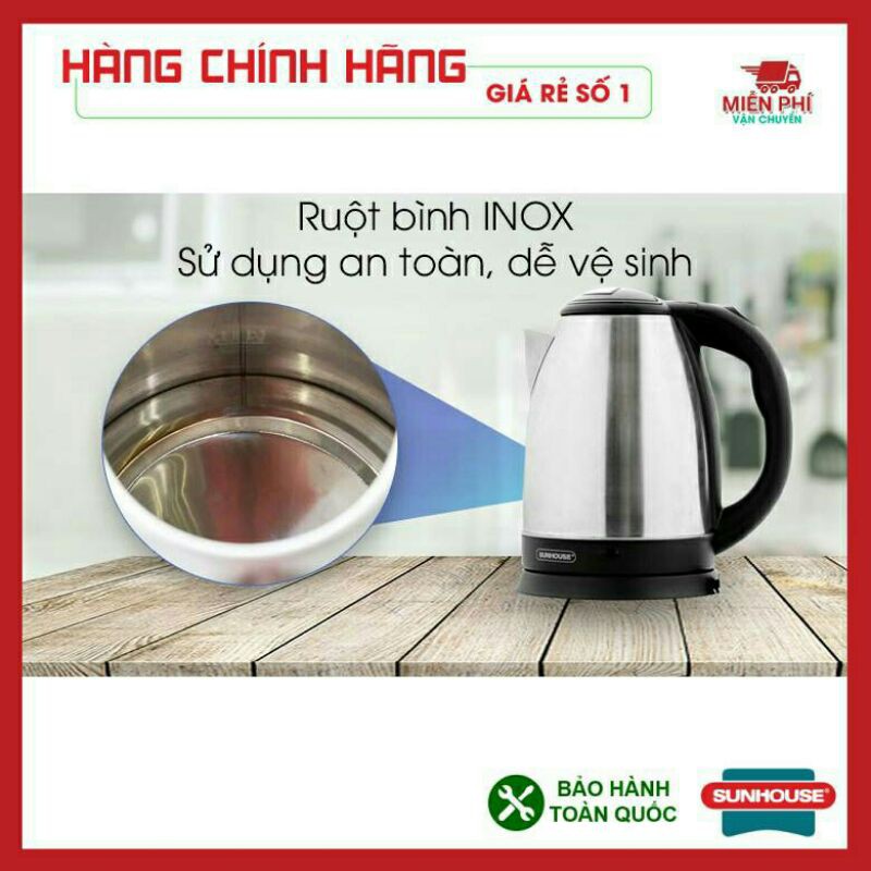 Bình Đun Nước Siêu Tốc INOX 1.8 Lít. Siêu Tốc SUNHOUSE