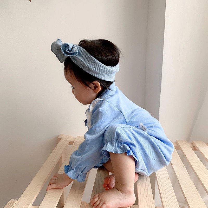 Áo Liền Quần Tay Dài Đính Nơ Chất Liệu Cotton Thời Trang Xuân Thu Xinh Xắn Cho Bé Gái