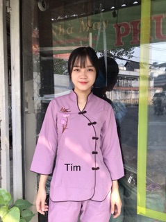 Đồ bộ đi chùa.đồ lam nữ vải kate cổ tàu xéo thêu thư pháp size 40-67kg