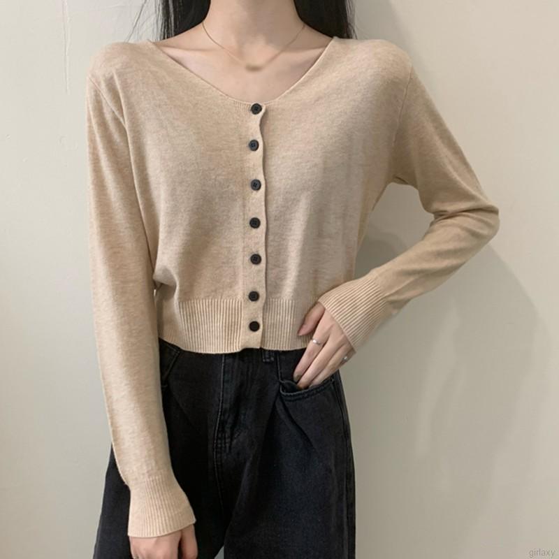 Áo Cardigan Dệt Kim Tay Dài Cổ Chữ V Màu Trơn Thiết Kế Đơn Giản Phong Cách Hàn Quốc Cho Nữ
