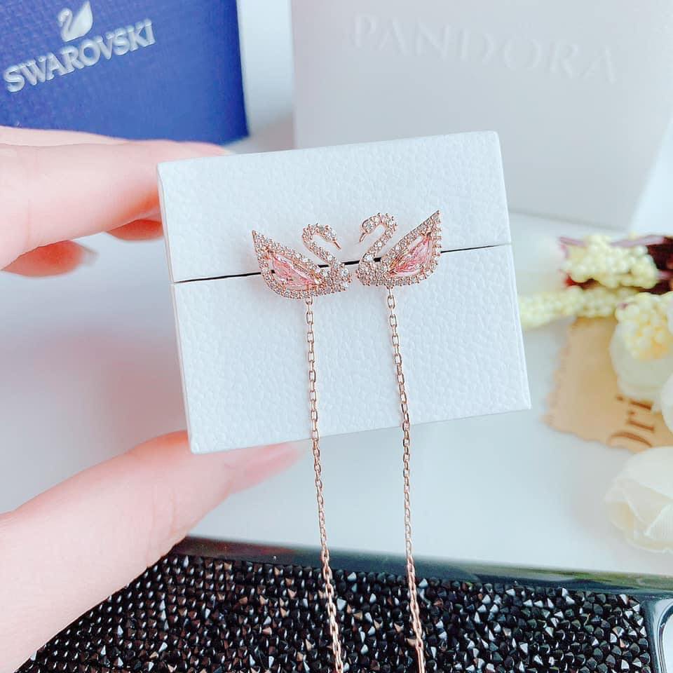 Khuyên tai nữ, trang sức swarovski thiên nga đá hồng dáng đeo 2 kiểu-đầy đủ hộp túi cao cấp-thien_nga_viet_nam