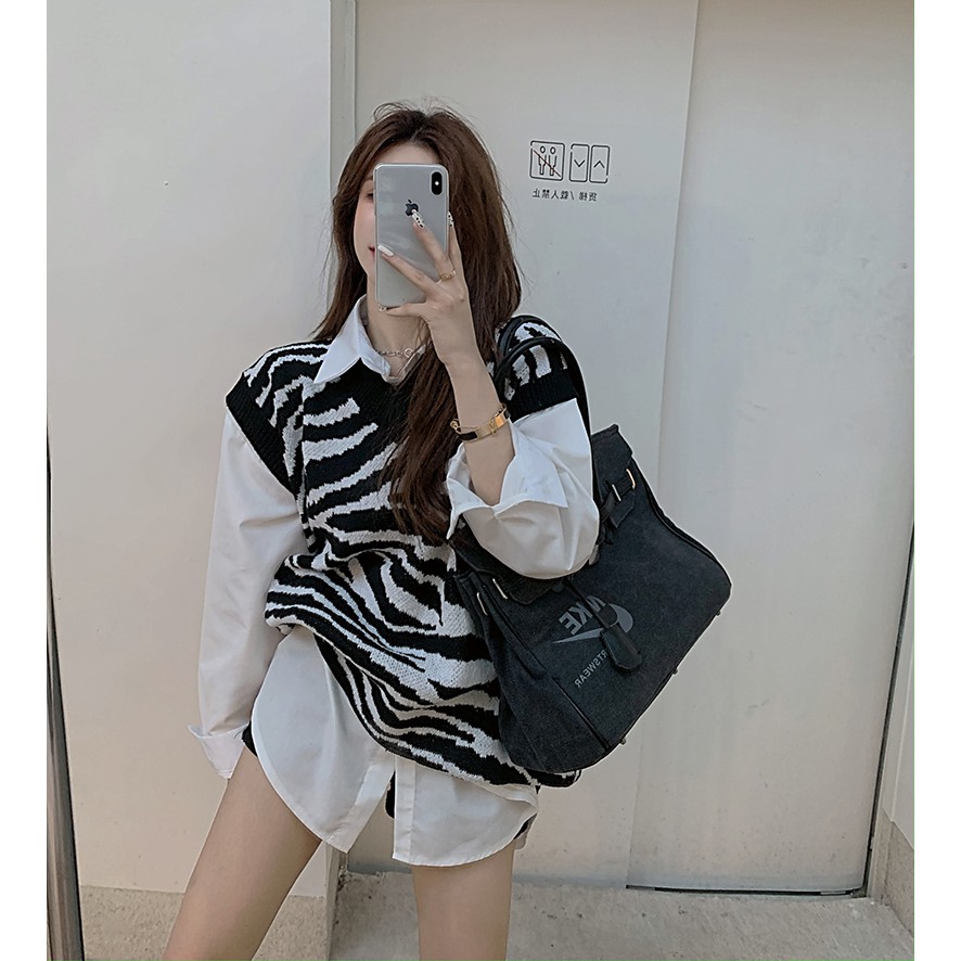 Áo Sweater dệt kim sát nách cổ chữ V họa tiết ngựa vằn dễ thương | BigBuy360 - bigbuy360.vn