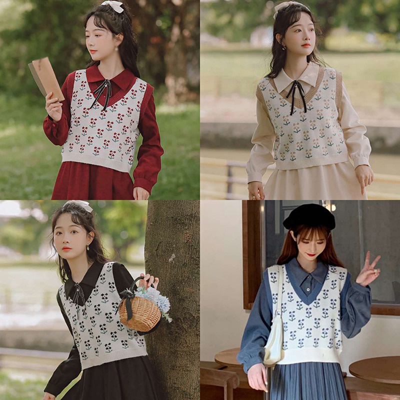 Phụ nữ cổ điển Áo len Vest mùa thu Hoa cổ chữ V Không tay dệt kim Vest rời