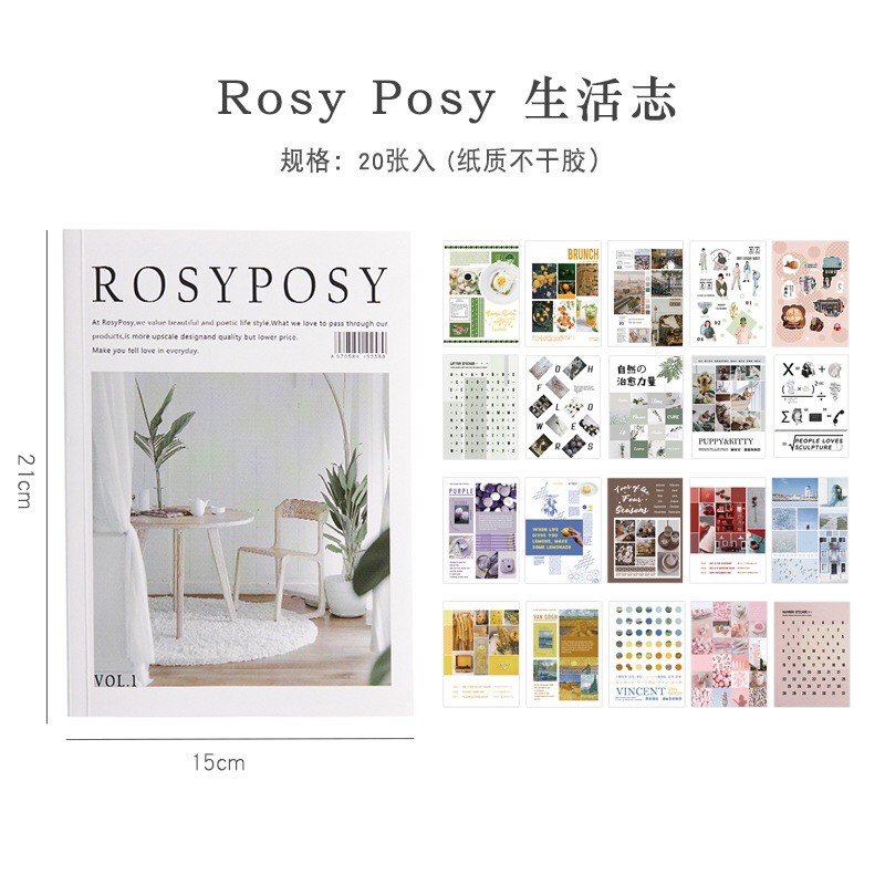 Sổ sticker tổng hợp Rosy Posy phong cách hiện đại, cổ điển, đáng yêu