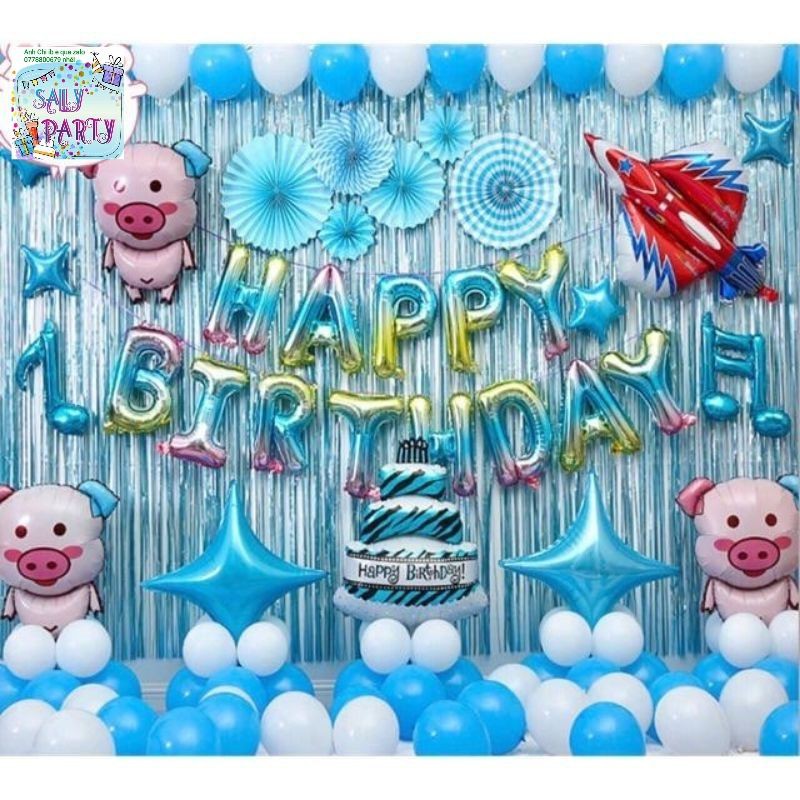 set bóng trang trí sinh nhật bé heo 1 tuổi MS249