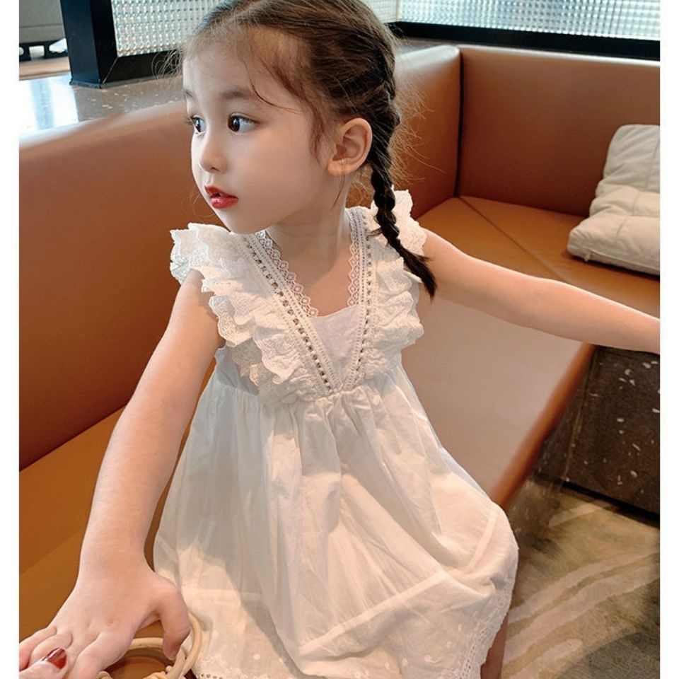 Đầm Công Chúa Không Tay Phối Ren Màu Trắng Thời Trang Mùa Hè Mới Cho Bé Gái 0328
