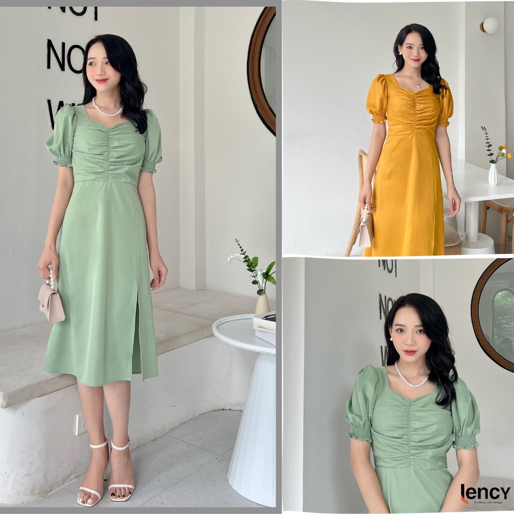 Váy đầm nữ dự tiệc tay phồng nhún ngực xẻ tà xinh xắn kiểu dáng trẻ trung sành điệu