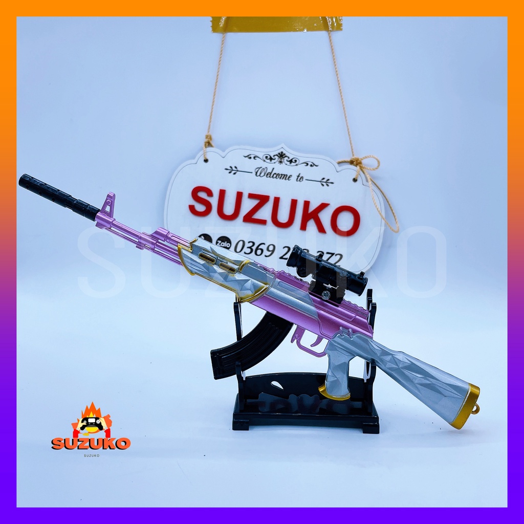 Mô hình súng kim loại lắp ráp pubg, csgo free fire đồ chơi lắp ráp AKM  Silver Pink nhân vật dài 24cm sưu tầm