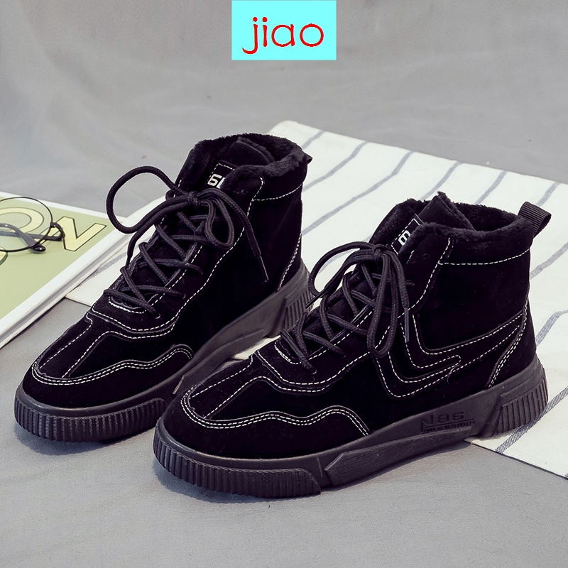 Giày boot Martin cổ cao phối lông nhung phong cách Anh thời trang thu đông cho nữ