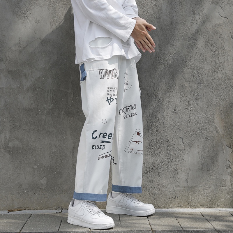 Quần Jeans Ống Rộng Họa Tiết Graffiti Phong Cách Hàn Quốc Cá Tính Dành Cho Nam Tf1