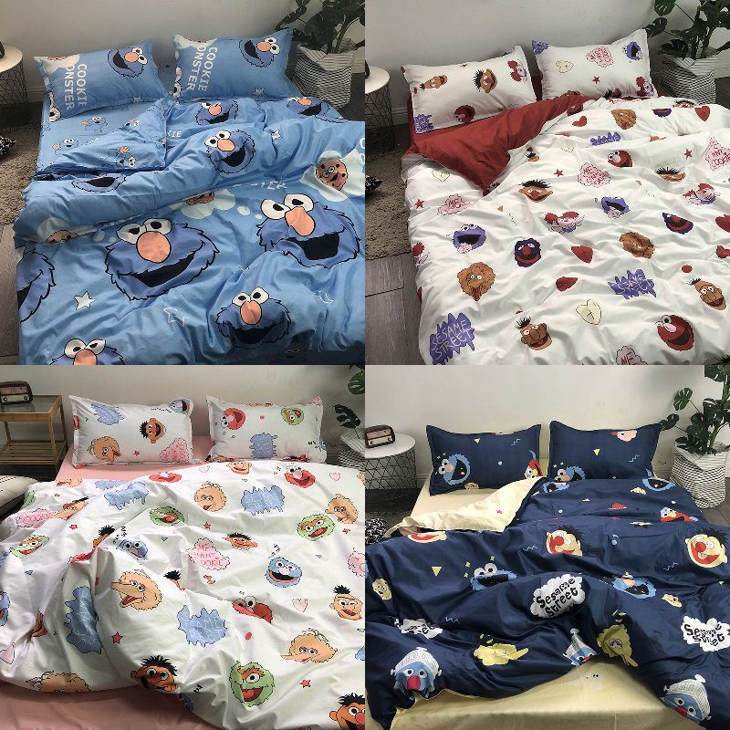 Bộ Vỏ Chăn Ga Gối Đệm Phẳng In Hình Sesame Street Trang Trí Nhà Cửa