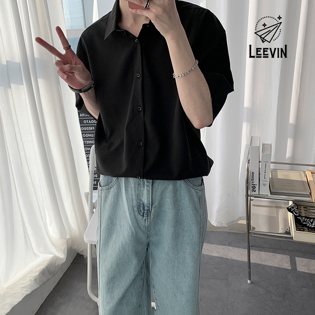 Áo Sơ Mi Ngắn Tay Nam Nữ Unisex Basic TRƠN Vải Cotton Lụa Trắng Và Đen - Kiểu sơ mi tay cộc tay nam Leevin Store | BigBuy360 - bigbuy360.vn