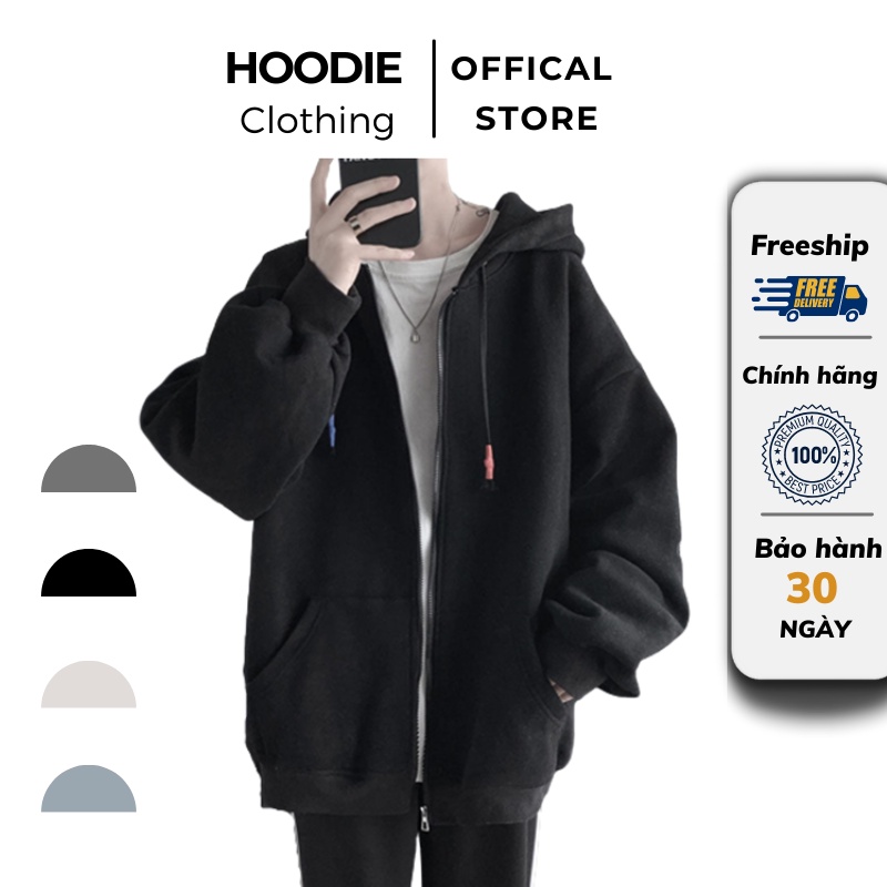 Áo Khoác Kéo Khóa Nam, Nữ Hoodie Basic Unisex Nỉ From Rộng Màu Đen HDKK950
