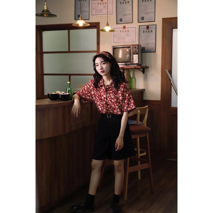 Áo Sơ Mi Tay Ngắn Dáng Rộng In Hoa Kiểu Vintage Hàn Quốc Dễ Thương Cho Nữ