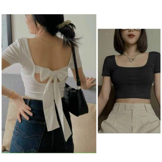 áo croptop thun gân cổ vuông cột nơ lưng