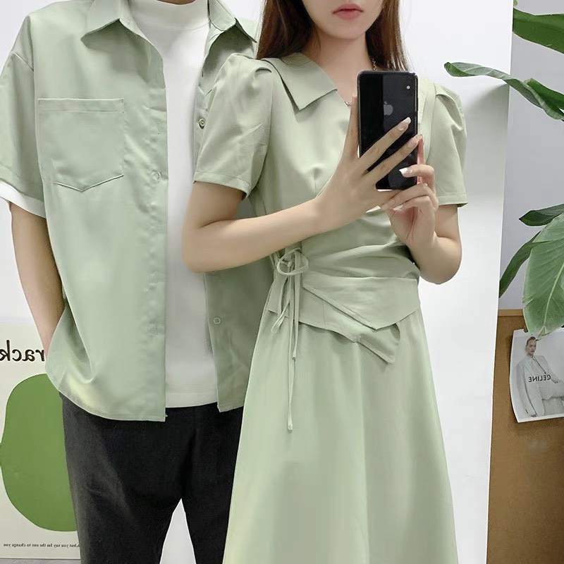 Áo váy đôi nam nữ màu xanh mint trend đấp tà ngực - Đồ đôi Forever Couple Store