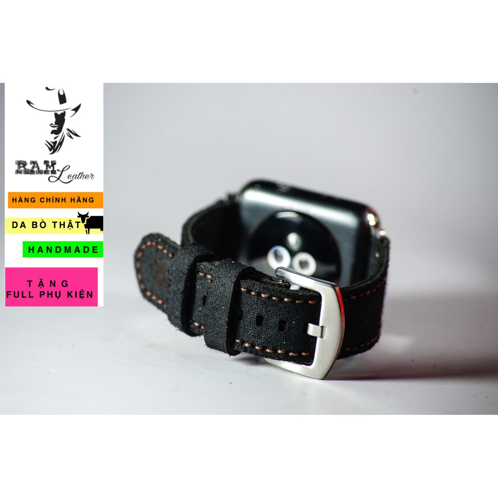 Dây apple watch da bò lộn đen tuyền handmade cực chất RAM Leather classic 1966 - tặng khóa chốt và adapter