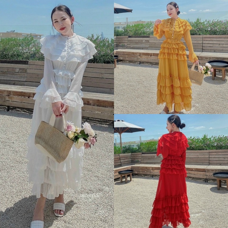 Maxi tầng đính nút ngọc tay dài, đầm váy xoè dài sang chảnh cao cấp, thời trang nữ đi chơi/biển du lịch đỏ trắng vàng