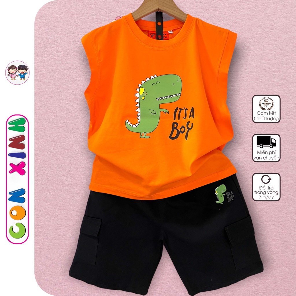 Đồ bộ bé trai CON XINH cotton sát nách cotton hình in Khủng Long Xanh,thời trang dành cho trẻ em từ 4 đến 10 tuổi
