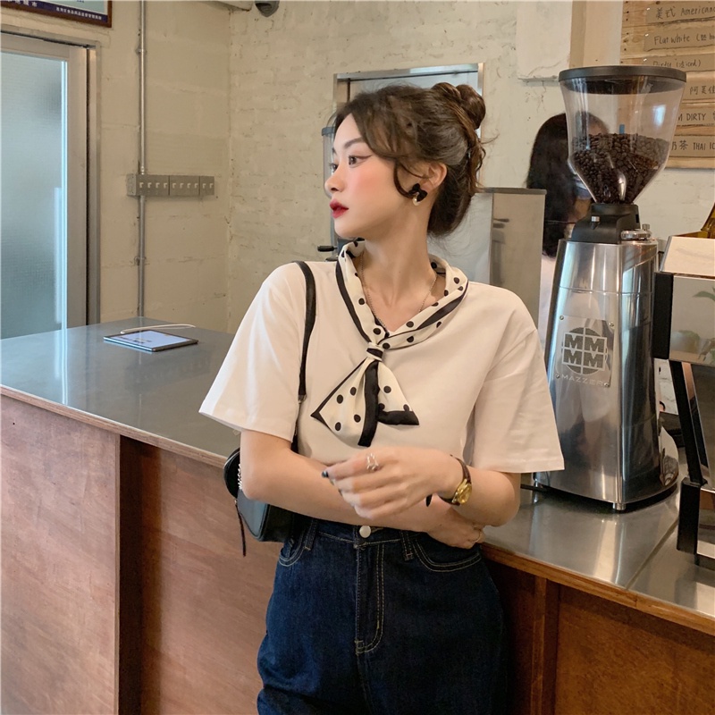 SUXI Áo thun tay ngắn phối khăn choàng lụa thời trang mùa hè dành cho nữ