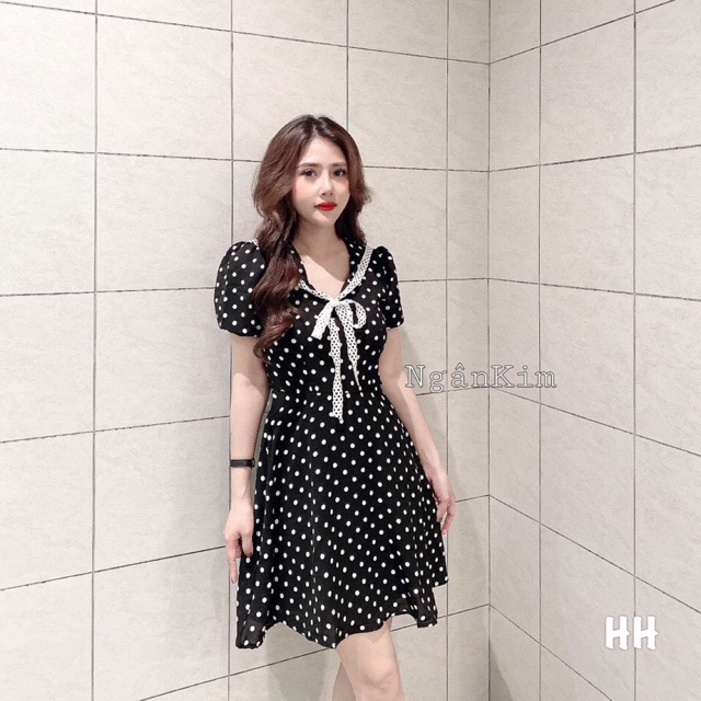 Váy chấm bi cổ phối ren nơ cho nữ