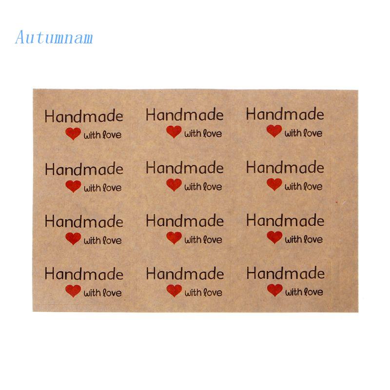 Set 12 Miếng Dán Hình Vuông In Chữ Handmade with Love Kèm Trái Tim Đỏ Trang Trí Niêm Phong Bao Bì Thư