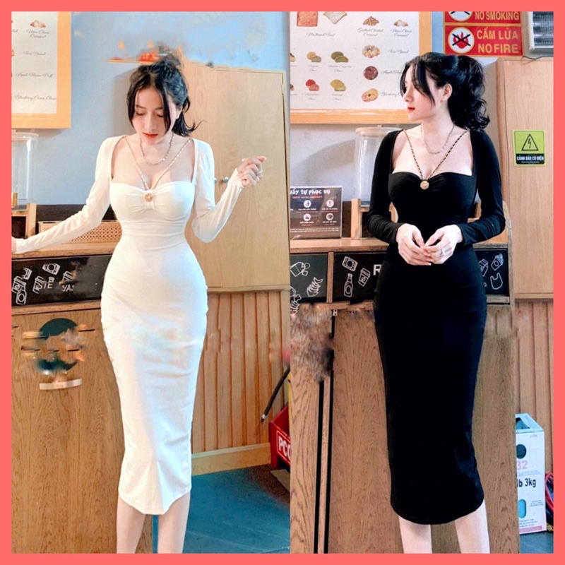Váy body dài tay dây xích tôn dáng. Đầm cúp ngực đi tiệc loại 1