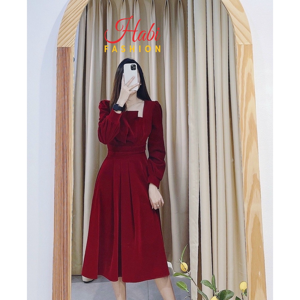 Váy nhung tay dài, Đầm xòe dài tay  chất nhung hàng thiết kế sang chảnh khí chất | BigBuy360 - bigbuy360.vn