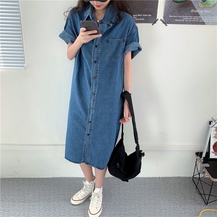 Đầm Sơ Mi Denim Tay Ngắn Dáng Rộng Màu Xanh Dương Đậm Phong Cách Hàn Quốc Thời Trang Xuân Thu Mới Cho Nữ