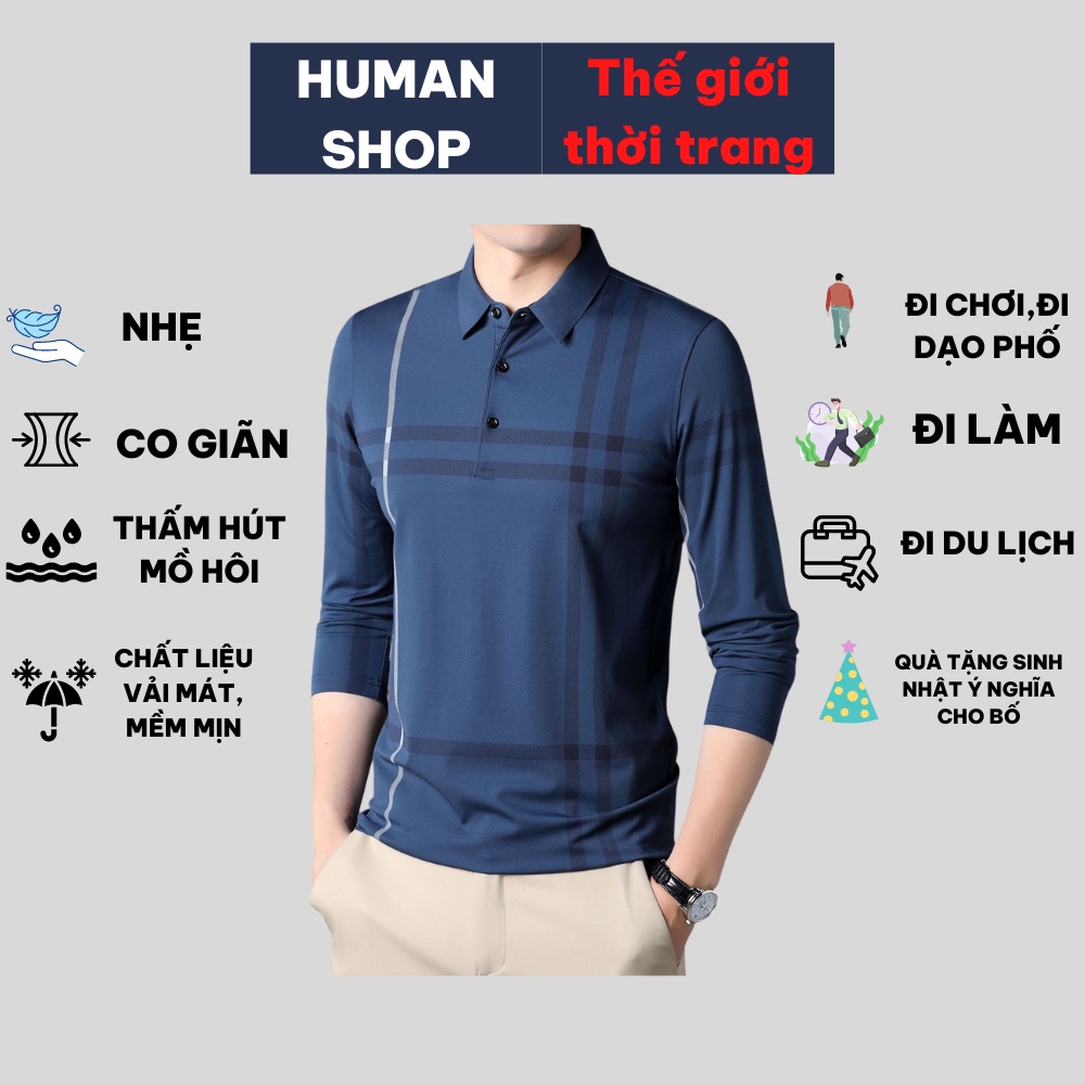 Áo thun nam polo trơn HUMAN dài tay có cổ phong cách Hàn Quốc dành cho trung niên chất liệu cotton cao cấp form rộng đẹp