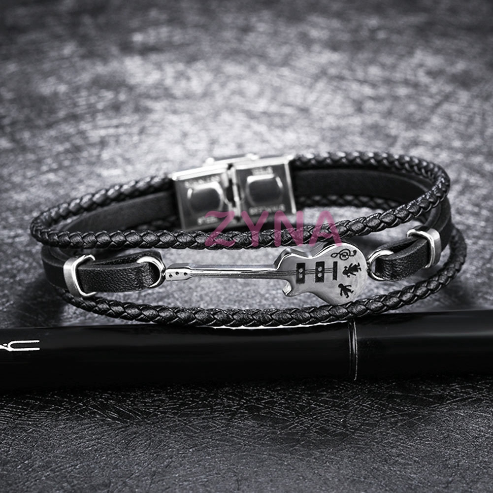 Vòng tay dây da bện nhiều lớp mặt hình đàn guitar 21cm thời trang cho nam