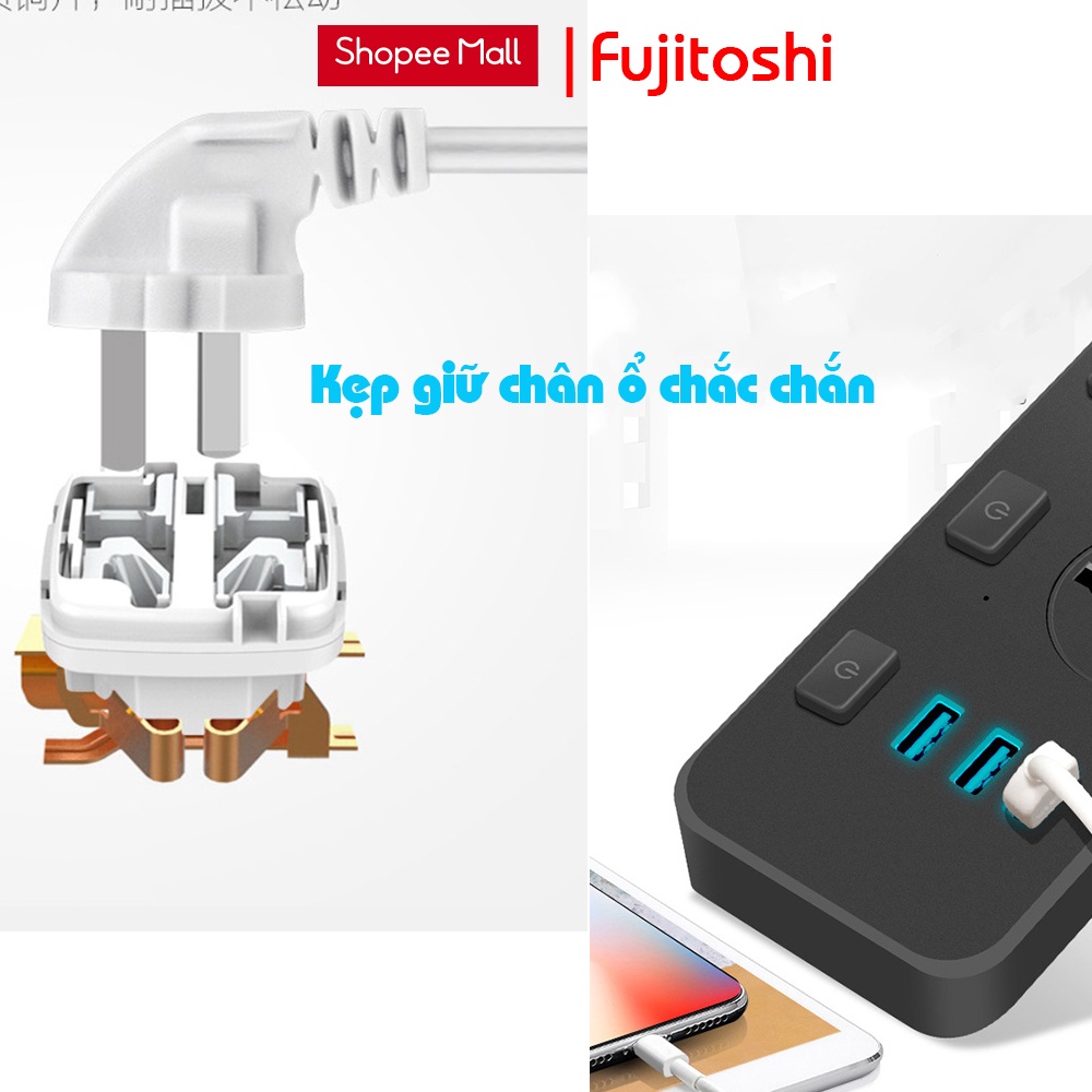 Ổ cắm điện đa năng Fujitoshi 3 ổ cắm 3 cổng USB sạc nhanh 5V-2.1A công suất 2500W nối dài 1,8M TG03