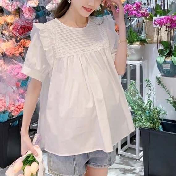 Áo babydoll bèo ngực tay cộc thiết kế bởi Đầm Bầu Nhung Huấn