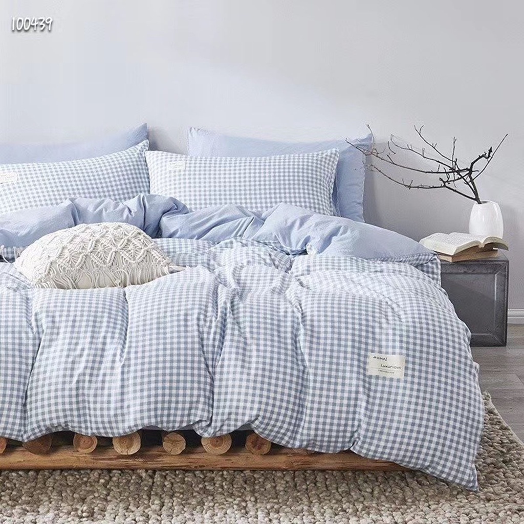 Bộ Chăn Ga Gối Cotton TC Emmidecor Kẻ caro xanh dương miễn phí bo chun và làm ga phủ theo yêu cầu